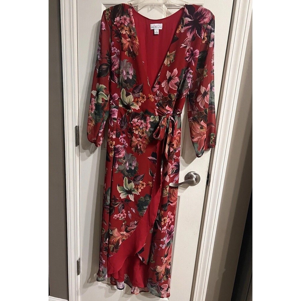 Sweet Pea New York & Company S Red Floral Wrap Maxi Dress Sheer Sleeve Y2K